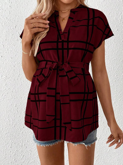 Maternity Summer,Casual Maternity Casual Plaid Print Shirt For Pregnant Women Maternity Casual Plaid Notched Neck Belted Shirt, Summer Tie Up Shirt Tie Front Blouse Light Blue Blouse Baby Blue Top Women Plaid Light Blue Top Plaid Top