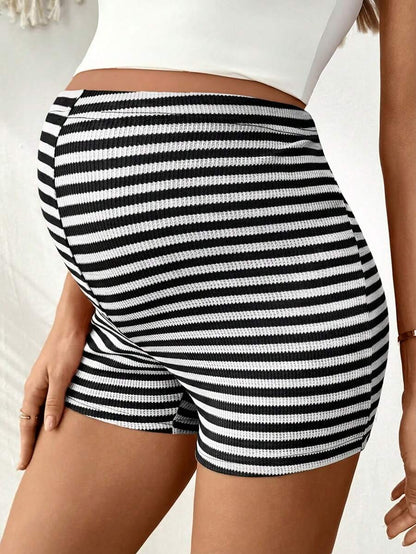 Maternity Striped Biker Shorts - Adjustable Waist Mid-Thigh Summer Casual
