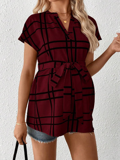 Maternity Summer,Casual Maternity Casual Plaid Print Shirt For Pregnant Women Maternity Casual Plaid Notched Neck Belted Shirt, Summer Tie Up Shirt Tie Front Blouse Light Blue Blouse Baby Blue Top Women Plaid Light Blue Top Plaid Top