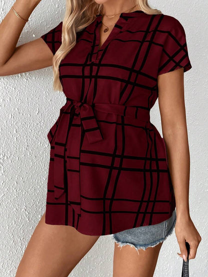 Maternity Summer,Casual Maternity Casual Plaid Print Shirt For Pregnant Women Maternity Casual Plaid Notched Neck Belted Shirt, Summer Tie Up Shirt Tie Front Blouse Light Blue Blouse Baby Blue Top Women Plaid Light Blue Top Plaid Top
