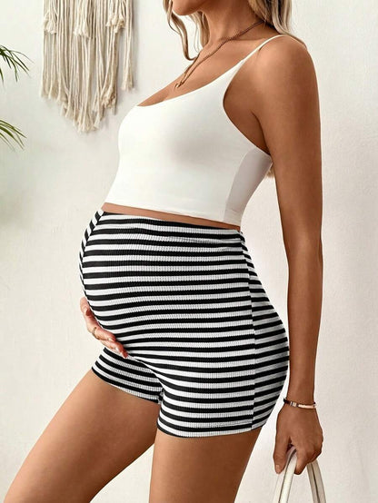 Maternity Striped Biker Shorts - Adjustable Waist Mid-Thigh Summer Casual