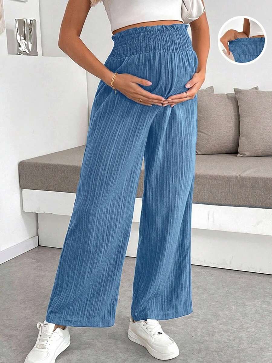Maternity Wide Leg Pants - Shirred Waist, Loose Fit, Ultra High Waist, Apricot