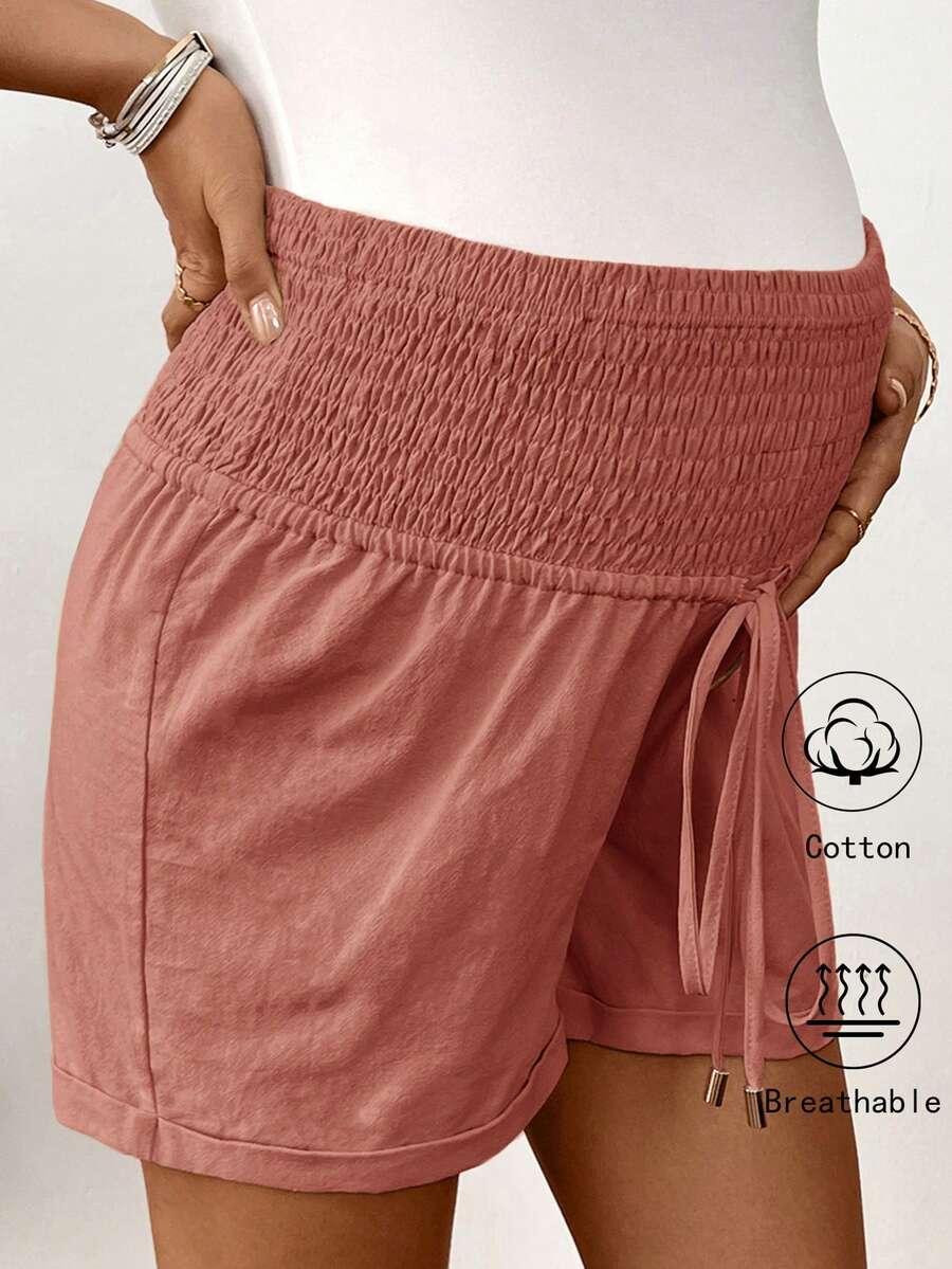 Dusty Pink 100% Cotton Maternity Shorts – Comfortable Drawstring Waist Track Shorts with Pockets for Summer Casual & Beach Wear