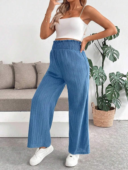 Maternity Paper Bag Waist Pants - Shirred, Wide Leg, Loose Fit, Navy Blue