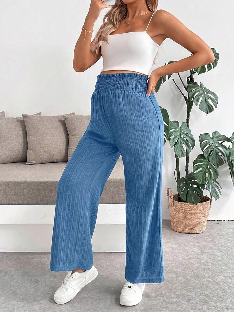 Maternity Wide Leg Textured Pants in Black High Waist Loose Fit Summer Beach Flowy Trousers for Women
