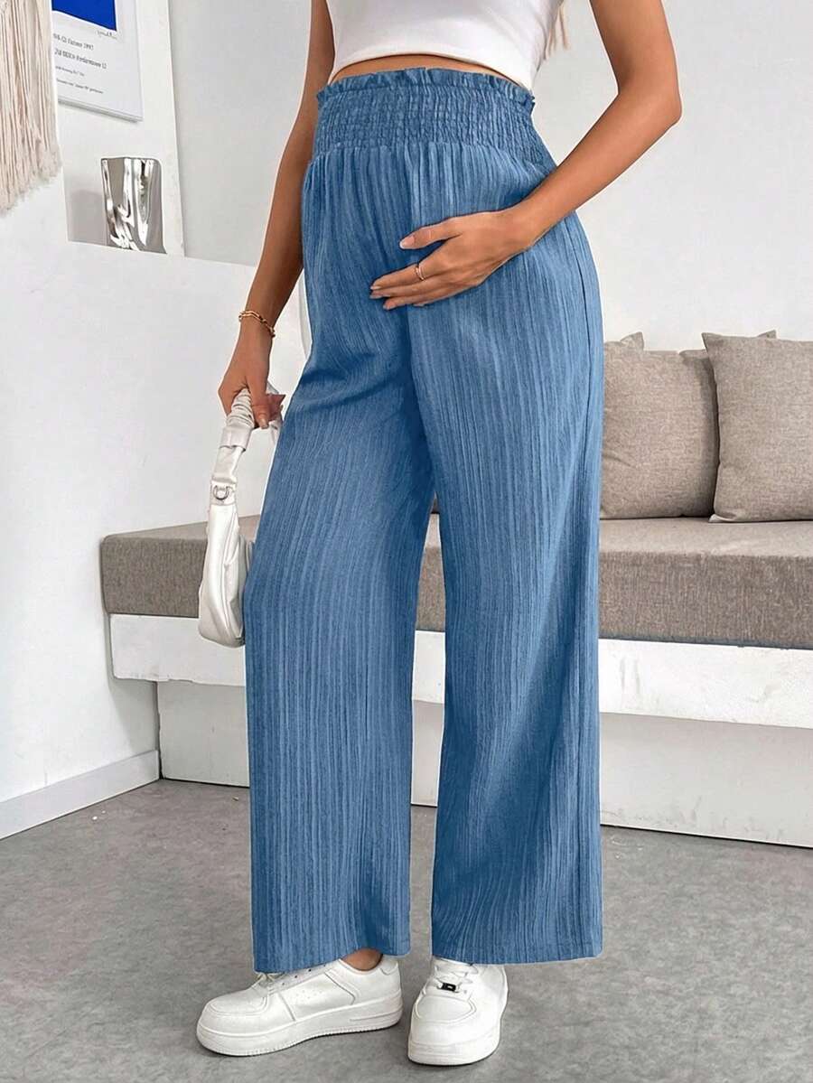 Maternity Paper Bag Waist Pants - Shirred, Wide Leg, Loose Fit, Navy Blue