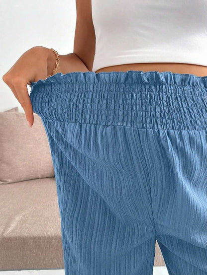 Maternity Wide Leg Pants - Shirred Waist, Loose Fit, Ultra High Waist, Apricot