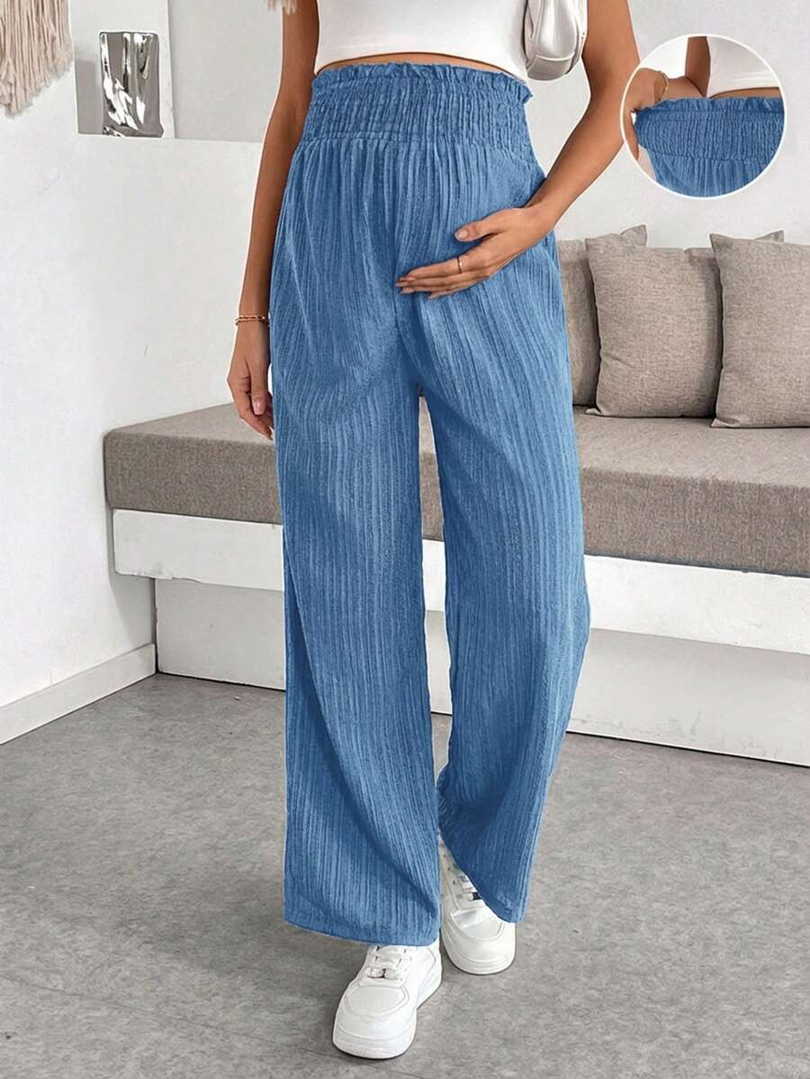 Maternity Wide Leg Pants - Shirred Waist, Loose Fit, Ultra High Waist, Apricot