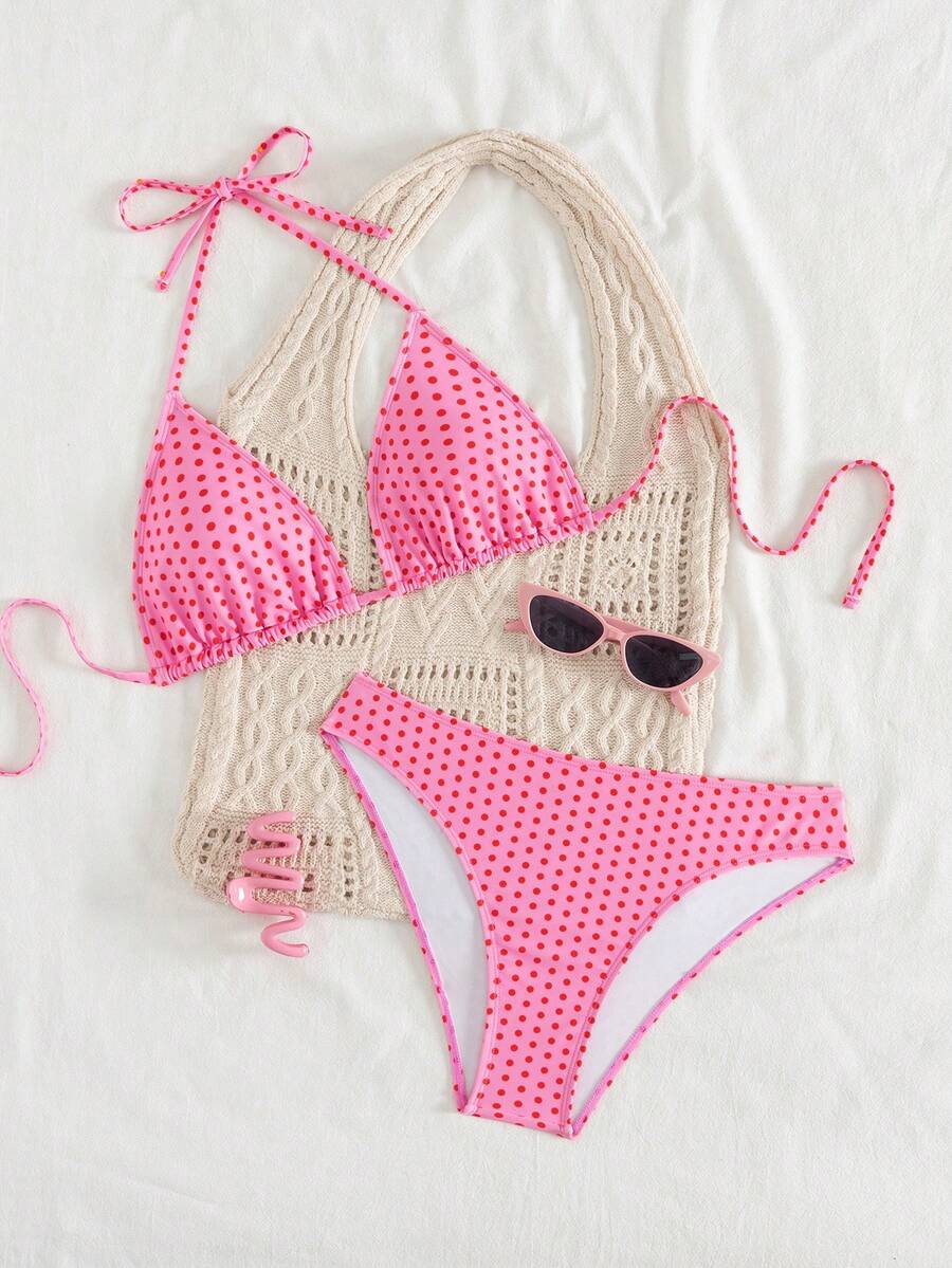 Swim Mod Women's Pink Polka Dot Print Halter Neck Low Waist Triangle Bikini Set, Summer Sexy Spring