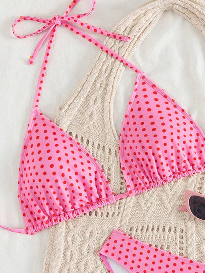 Swim Mod Women's Pink Polka Dot Print Halter Neck Low Waist Triangle Bikini Set, Summer Sexy Spring