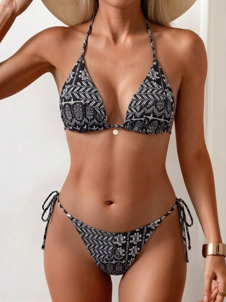Women's 2-Piece Boho Halter Bikini Set - Knot Detail, Tie Side, Triangle Cup, Blue and White