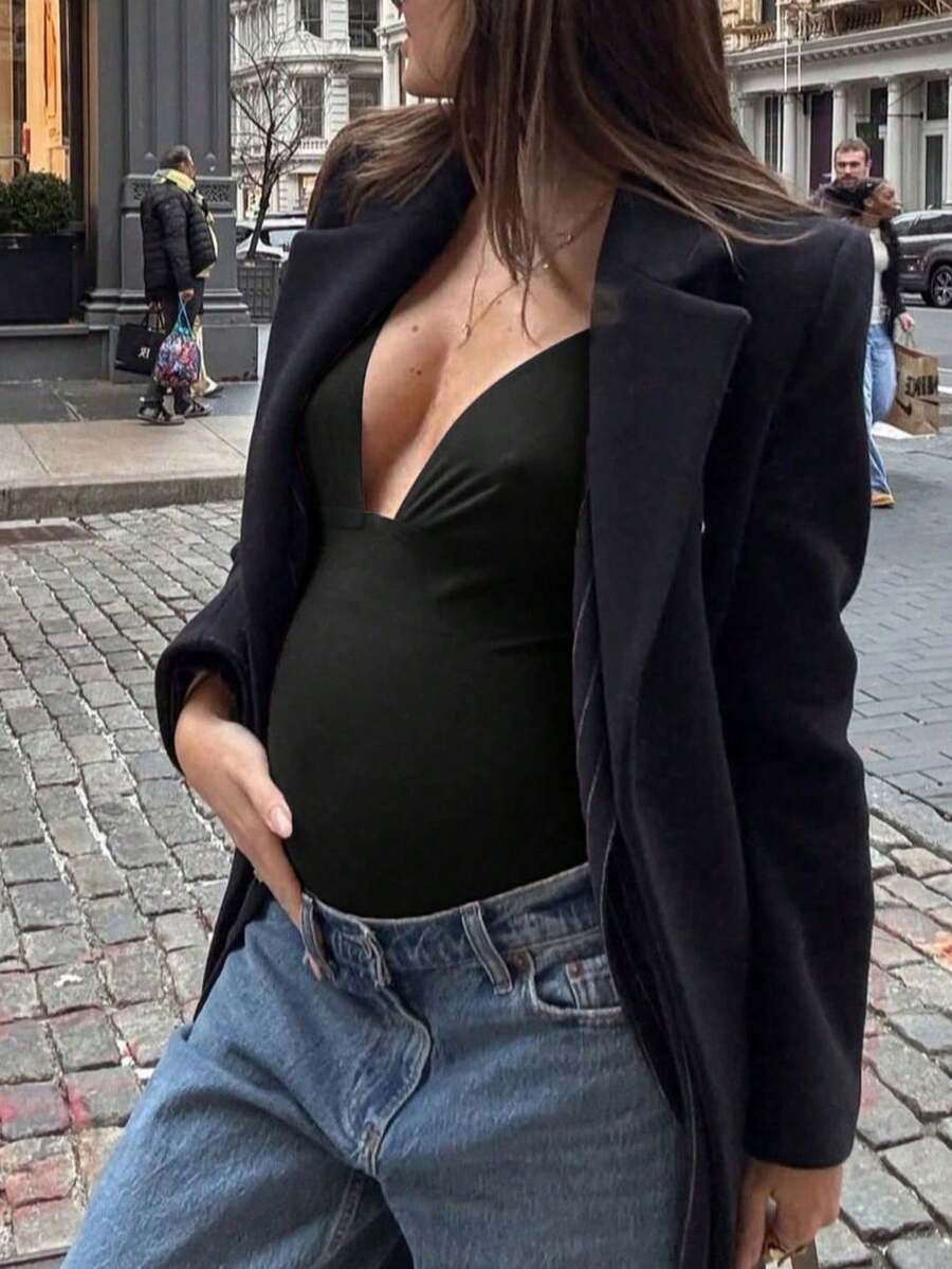 Elegant Black Deep V Neck Sleeveless Bodysuit, High Stretch Slim Fit Office Layering Top, Chic Plain Maternity Friendly Bodysuit
