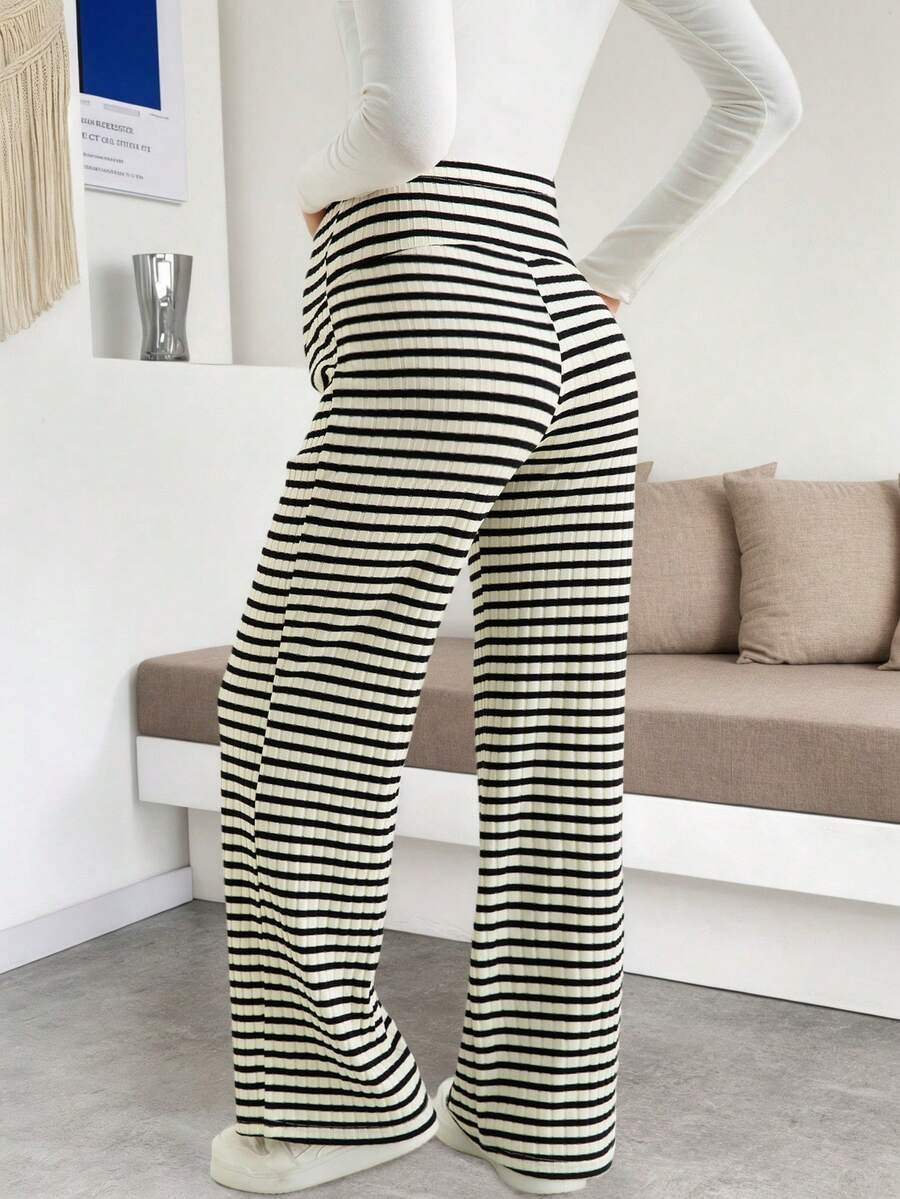 Maternity Plus Size High Waist Striped Wide Leg Pants - Black & Gray Knit Belly Support Lounge Trousers