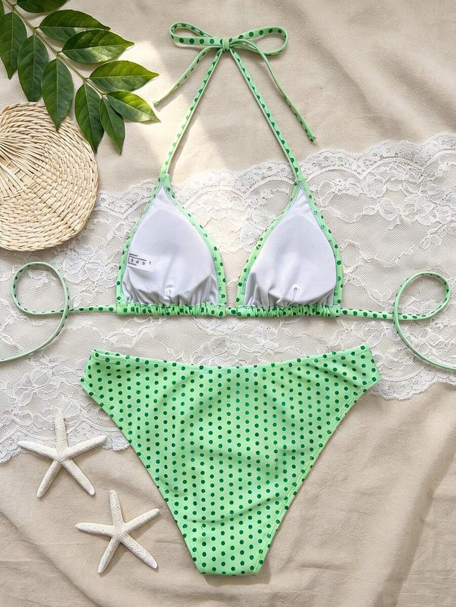 Swim Mod Women's Pink Polka Dot Print Halter Neck Low Waist Triangle Bikini Set, Summer Sexy Spring
