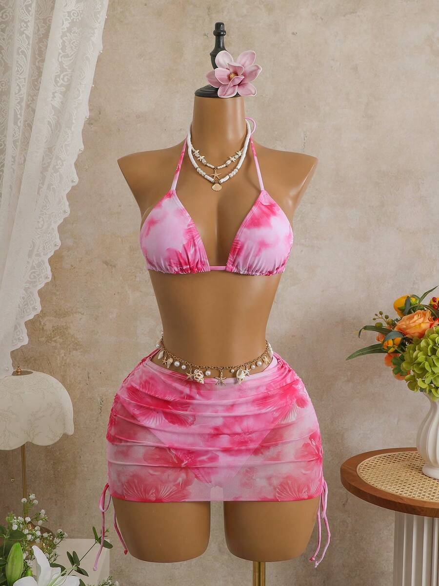 Women's 3-Piece Leopard Print Bikini Set - Halter Triangle Cup, Mesh Skirt, Tie Side, Multicolor