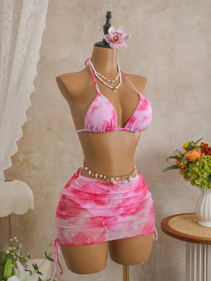 Women's 3-Piece Leopard Print Bikini Set - Halter Triangle Cup, Mesh Skirt, Tie Side, Multicolor