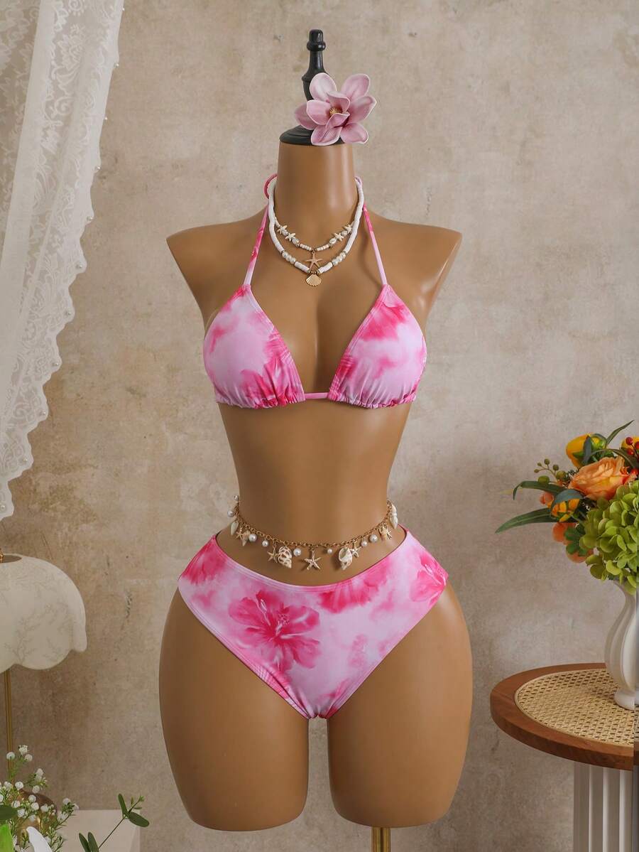 Women's 3-Piece Leopard Print Bikini Set - Halter Triangle Cup, Mesh Skirt, Tie Side, Multicolor