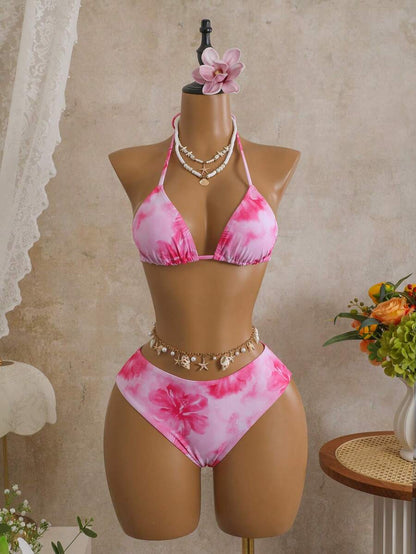 Women's 3-Piece Leopard Print Bikini Set - Halter Triangle Cup, Mesh Skirt, Tie Side, Multicolor