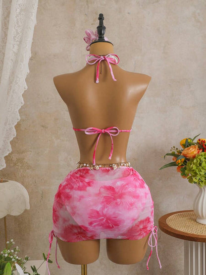 Women's 3-Piece Leopard Print Bikini Set - Halter Triangle Cup, Mesh Skirt, Tie Side, Multicolor