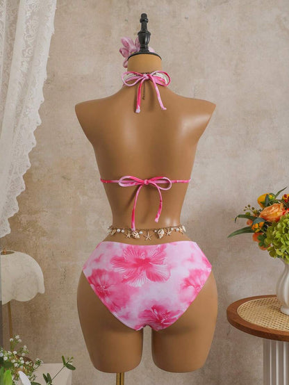 Women's 3-Piece Leopard Print Bikini Set - Halter Triangle Cup, Mesh Skirt, Tie Side, Multicolor