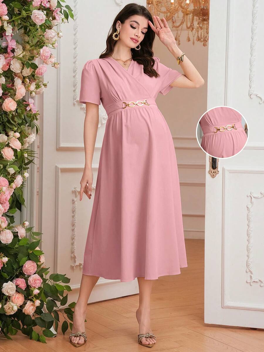 Maternity Elegant A-Line Dress - V Neck, Short Sleeve, Shirred, Flared Hem, Baby Blue