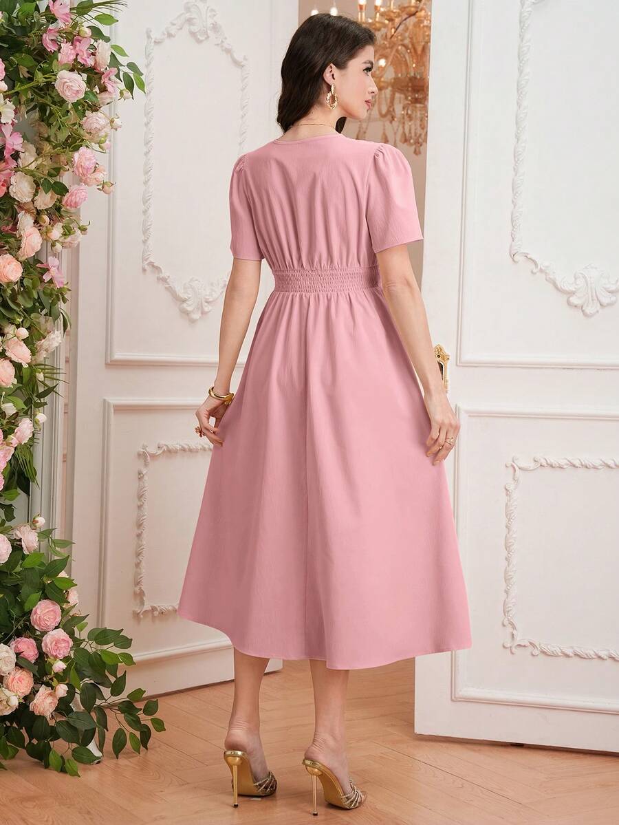 Maternity Elegant A-Line Dress - V Neck, Short Sleeve, Shirred, Flared Hem, Baby Blue