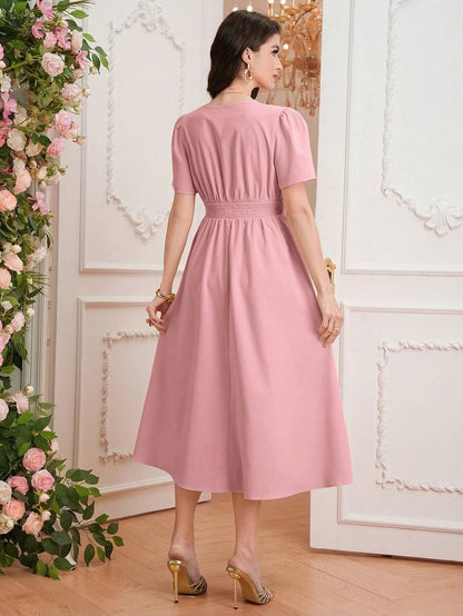 Maternity Elegant A-Line Dress - V Neck, Short Sleeve, Shirred, Flared Hem, Baby Blue