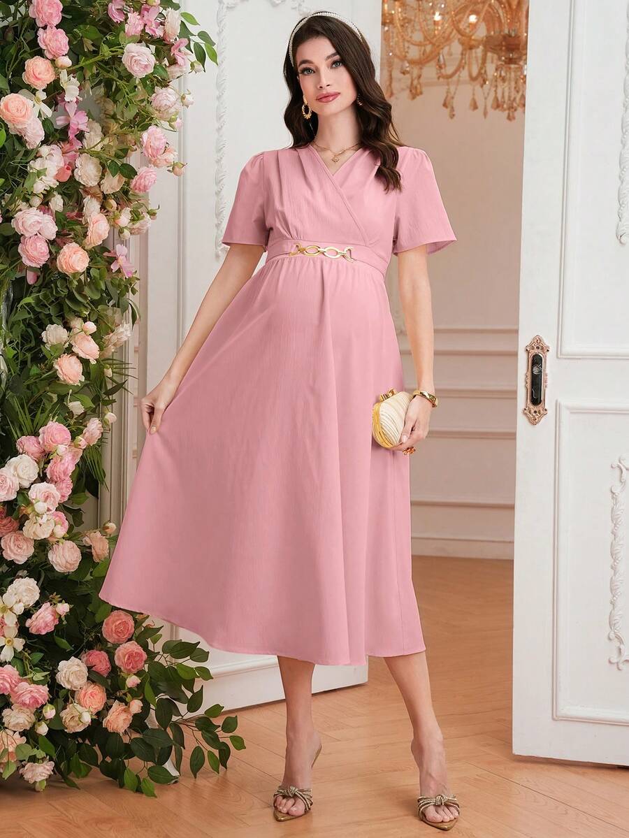 Maternity Elegant A-Line Dress - V Neck, Short Sleeve, Shirred, Flared Hem, Baby Blue