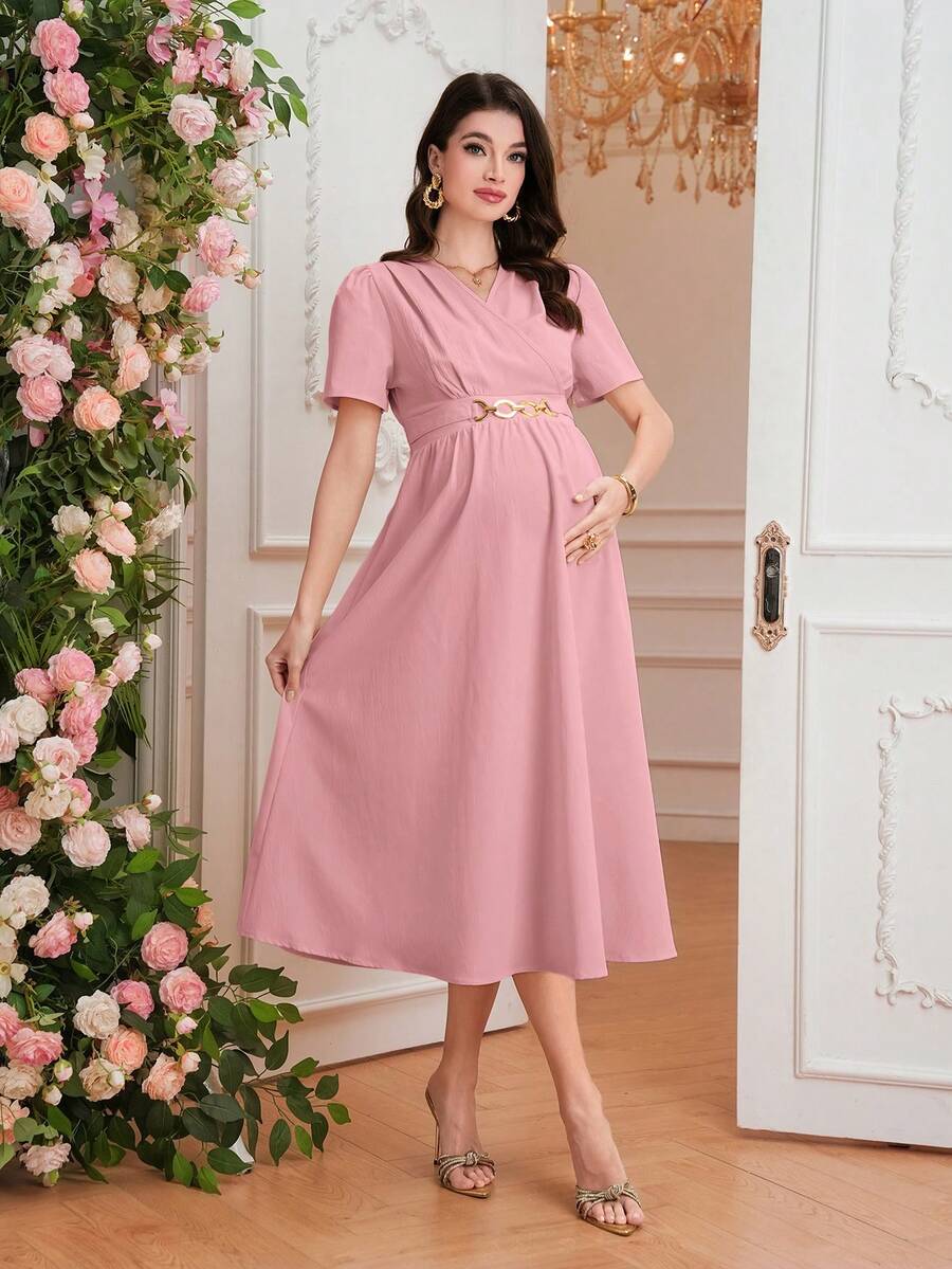 Maternity Elegant A-Line Dress - V Neck, Short Sleeve, Shirred, Flared Hem, Baby Blue
