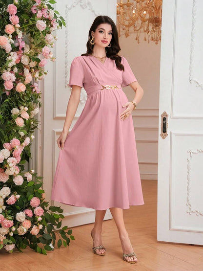 Maternity Elegant A-Line Dress - V Neck, Short Sleeve, Shirred, Flared Hem, Baby Blue