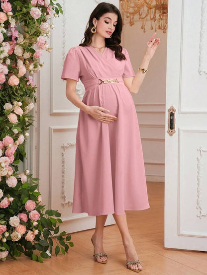 Maternity Elegant A-Line Dress - V Neck, Short Sleeve, Shirred, Flared Hem, Baby Blue
