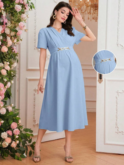 Maternity Elegant A-Line Dress - V Neck, Short Sleeve, Shirred, Flared Hem, Baby Blue