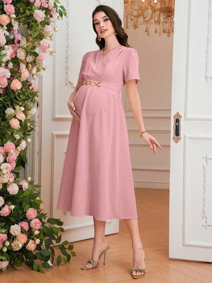 Maternity Elegant A-Line Dress - V Neck, Short Sleeve, Shirred, Flared Hem, Baby Blue