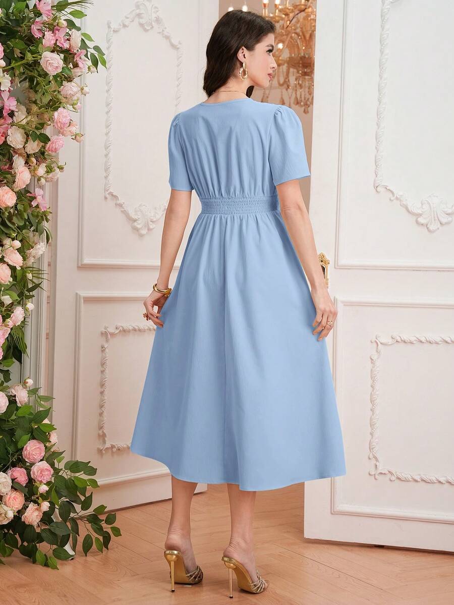 Maternity Elegant A-Line Dress - V Neck, Short Sleeve, Shirred, Flared Hem, Baby Blue
