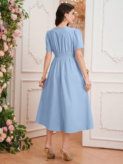 Maternity Elegant A-Line Dress - V Neck, Short Sleeve, Shirred, Flared Hem, Baby Blue