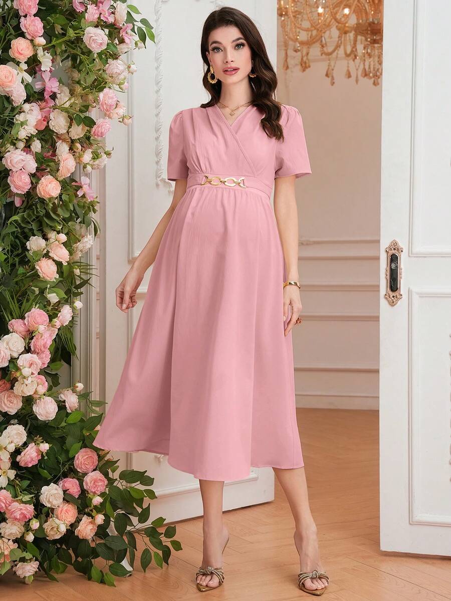 Maternity Elegant A-Line Dress - V Neck, Short Sleeve, Shirred, Flared Hem, Baby Blue