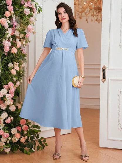 Maternity Elegant A-Line Dress - V Neck, Short Sleeve, Shirred, Flared Hem, Baby Blue