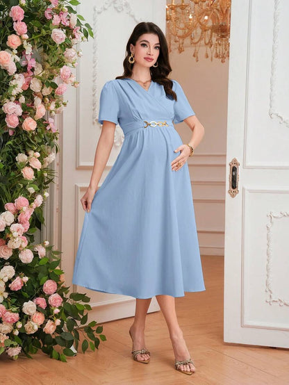 Maternity Elegant A-Line Dress - V Neck, Short Sleeve, Shirred, Flared Hem, Baby Blue