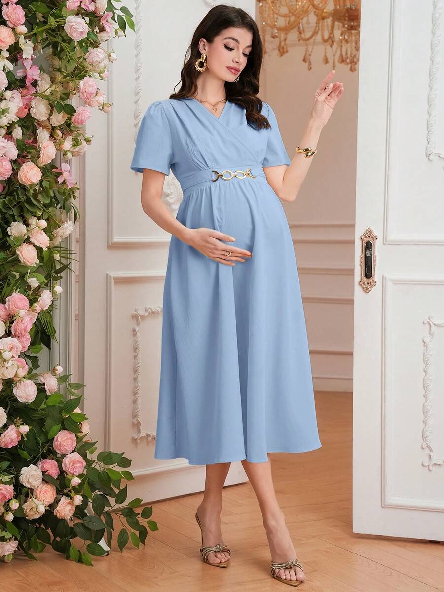 Maternity Elegant A-Line Dress - V Neck, Short Sleeve, Shirred, Flared Hem, Baby Blue