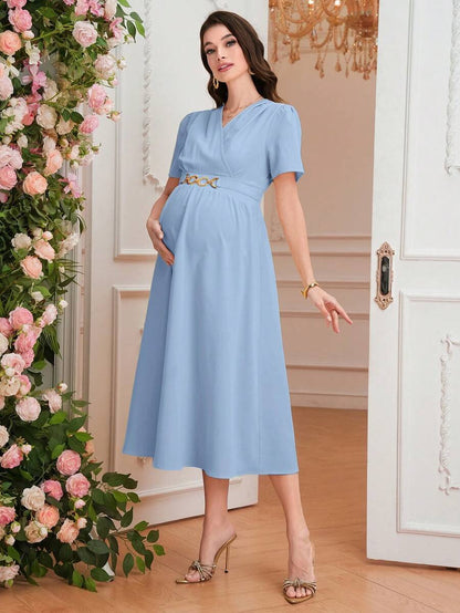 Maternity Elegant A-Line Dress - V Neck, Short Sleeve, Shirred, Flared Hem, Baby Blue