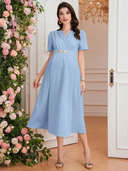 Maternity Elegant A-Line Dress - V Neck, Short Sleeve, Shirred, Flared Hem, Baby Blue