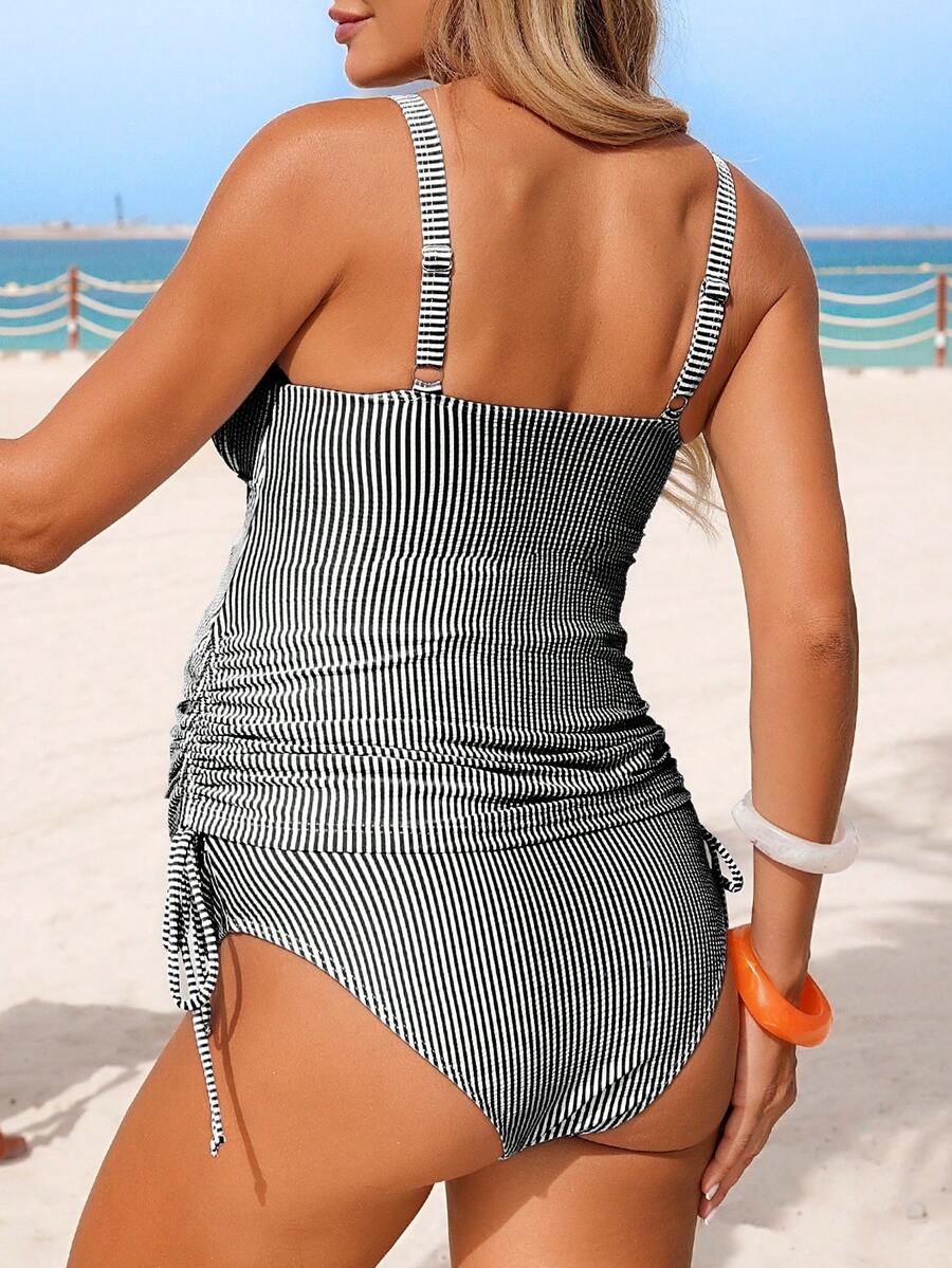 Maternity Swimsuit Set - Blue & White Striped Basic Summer Beach Vacation, Elegant Casual