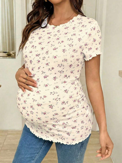Maternity Ditsy Floral T-Shirt - Round Neck Casual Everyday Soft, Pregnancy Spring Summer