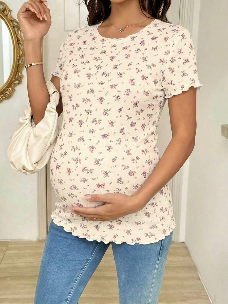 Maternity Ditsy Floral T-Shirt - Round Neck Casual Everyday Soft, Pregnancy Spring Summer