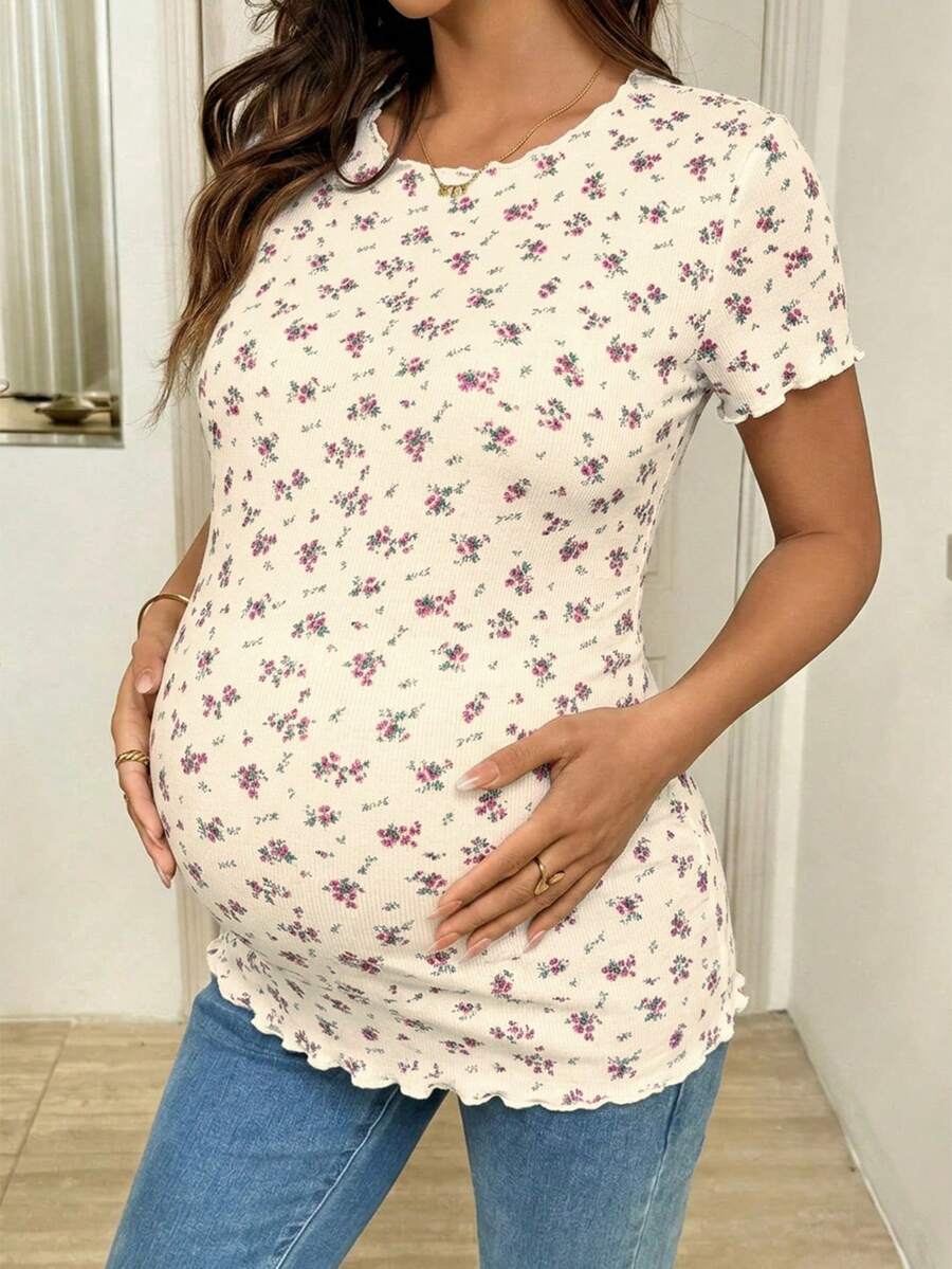 Maternity Ditsy Floral T-Shirt - Round Neck Casual Everyday Soft, Pregnancy Spring Summer