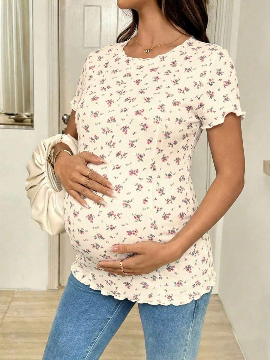 Maternity Ditsy Floral T-Shirt - Round Neck Casual Everyday Soft, Pregnancy Spring Summer
