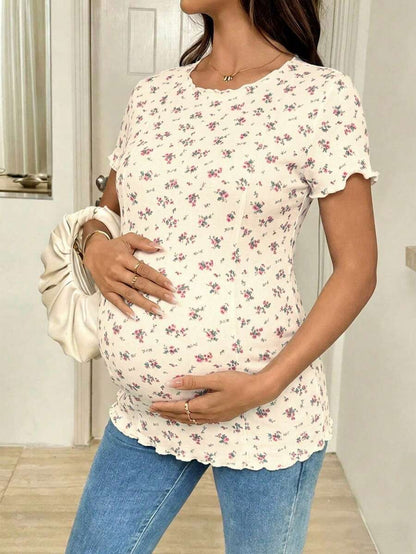 Maternity Ditsy Floral T-Shirt - Round Neck Casual Everyday Soft, Pregnancy Spring Summer