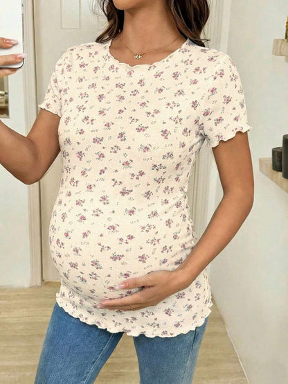 Maternity Ditsy Floral T-Shirt - Round Neck Casual Everyday Soft, Pregnancy Spring Summer