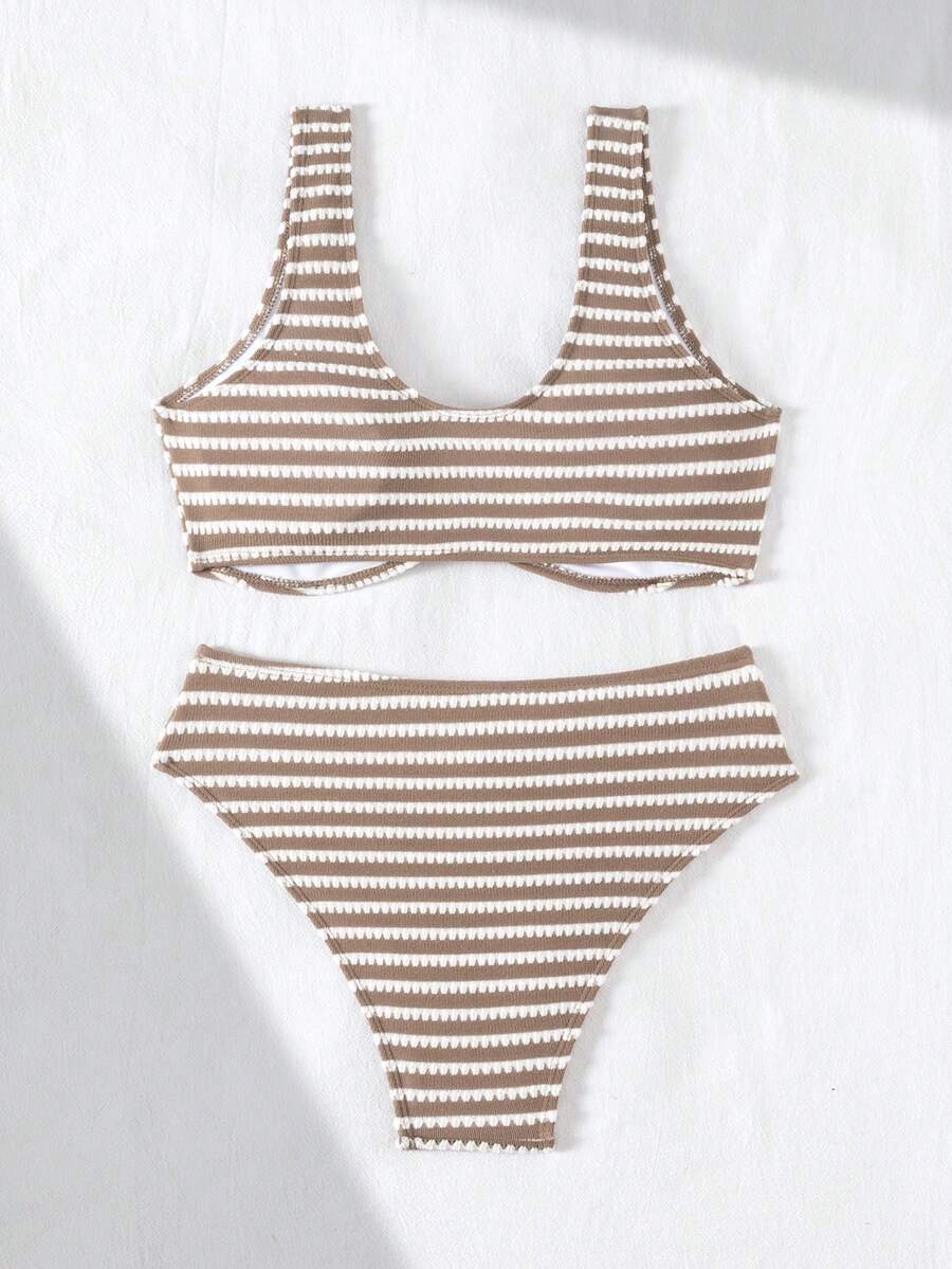 Women's 2-Piece Striped Bikini Set - V-Neck, High Waist, Knot Detail, Multicolor