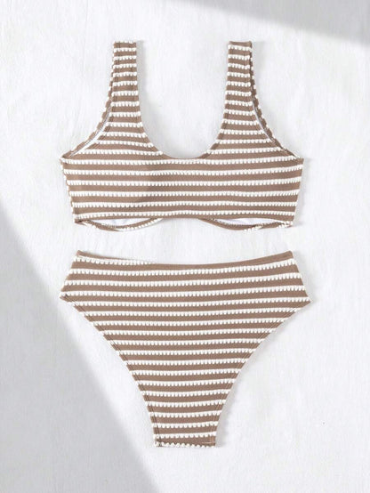 Women's 2-Piece Striped Bikini Set - V-Neck, High Waist, Knot Detail, Multicolor